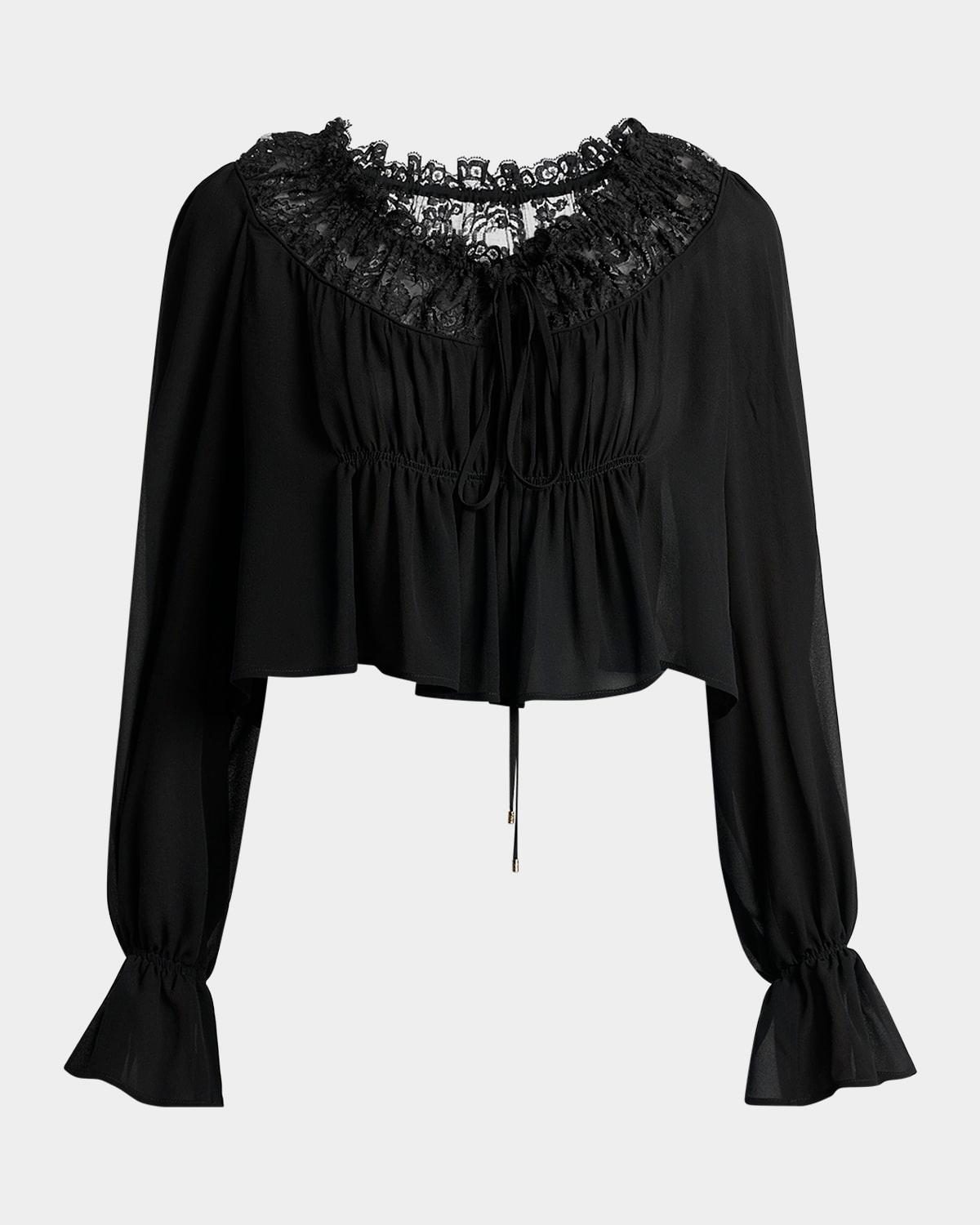 ruched lace silk peasant blouse