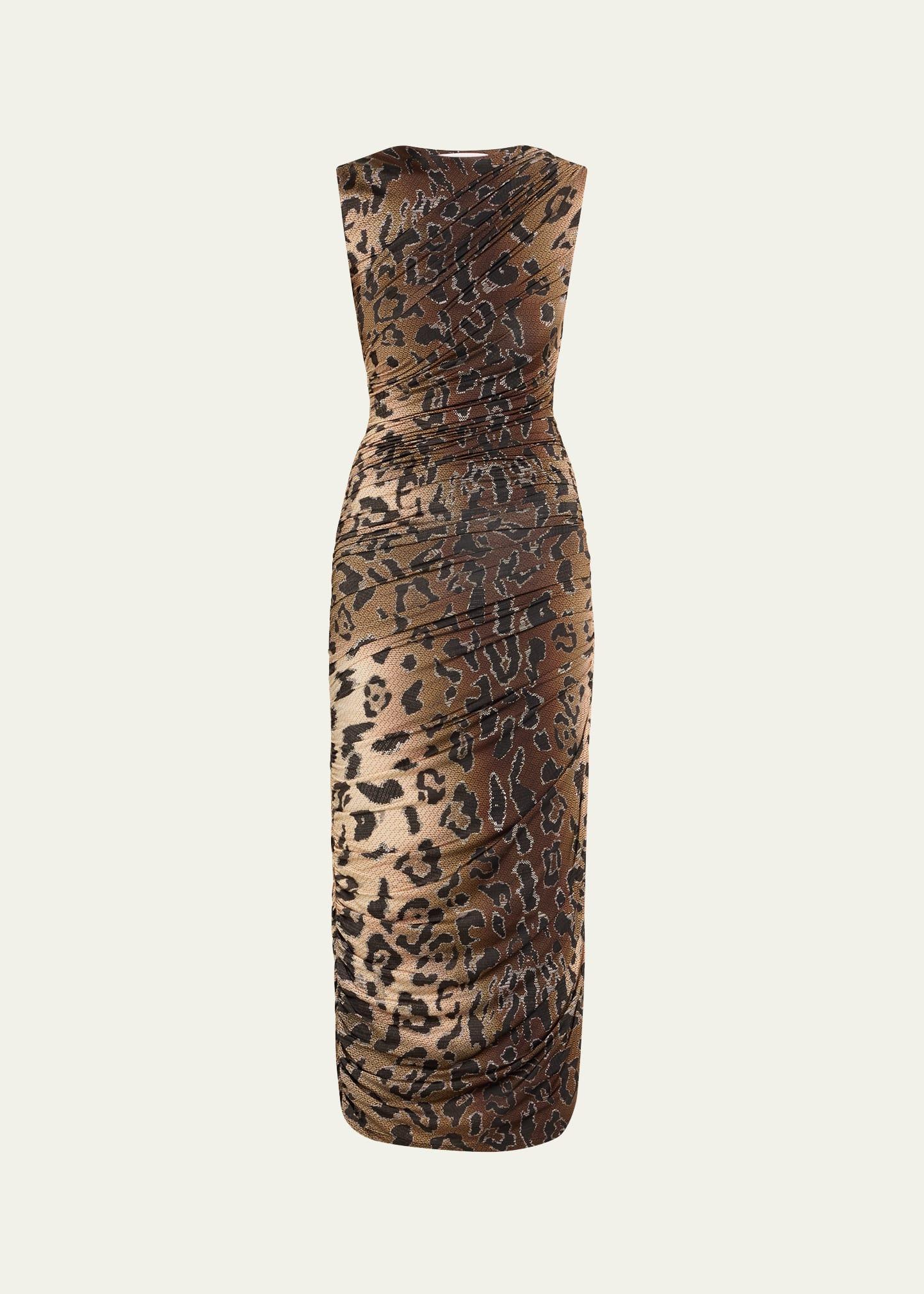 ruched leopard print midi dress