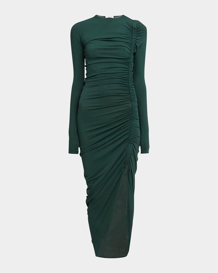 ruched long sleeve asymmetric jersey dress