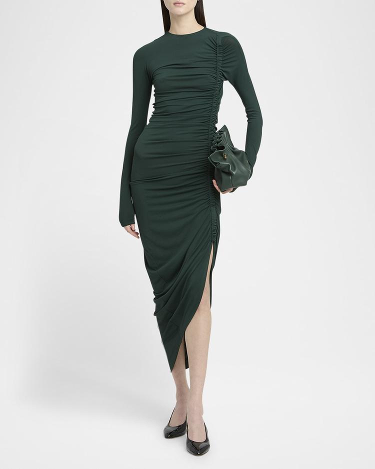 ruched long sleeve asymmetric jersey dress