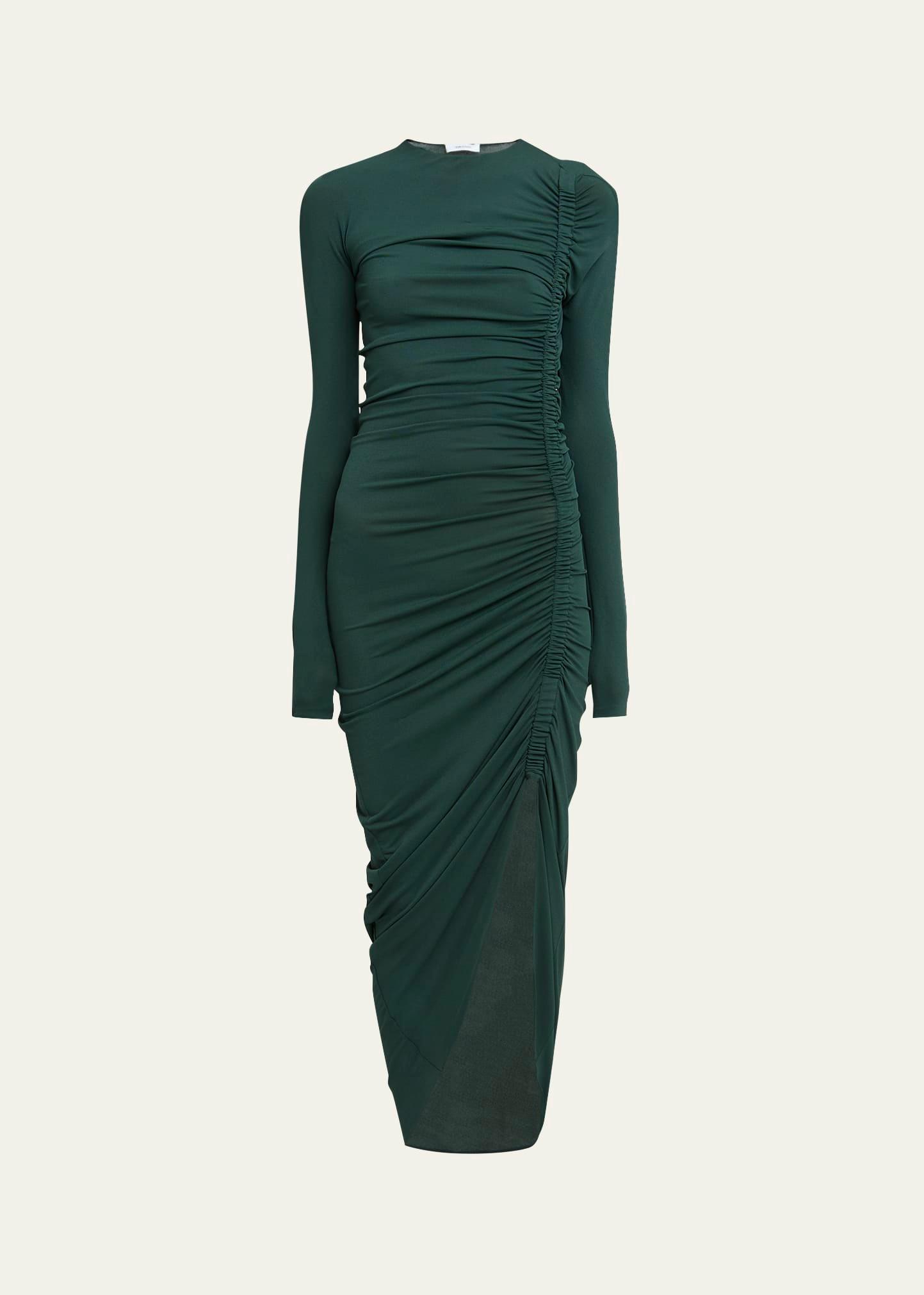 ruched long sleeve asymmetric jersey dress