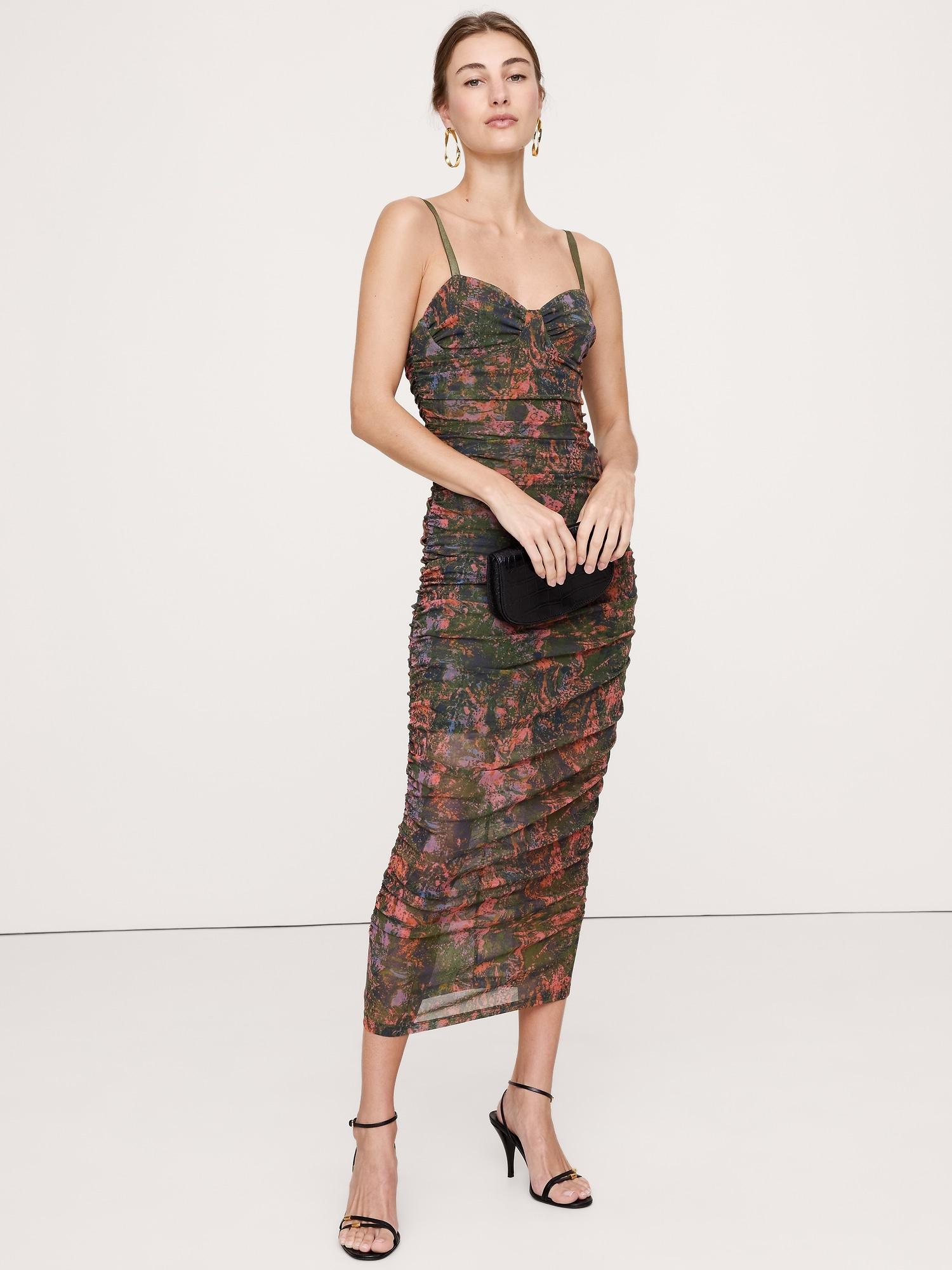 ruched mesh corset midi dress