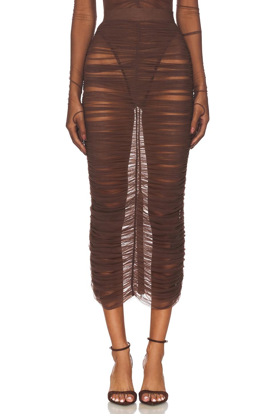 ruched mesh midi skirt