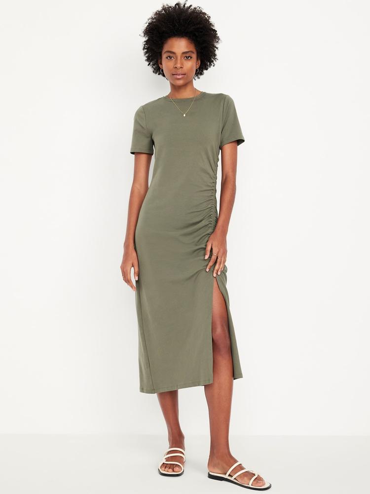 ruched midi t-shirt dress