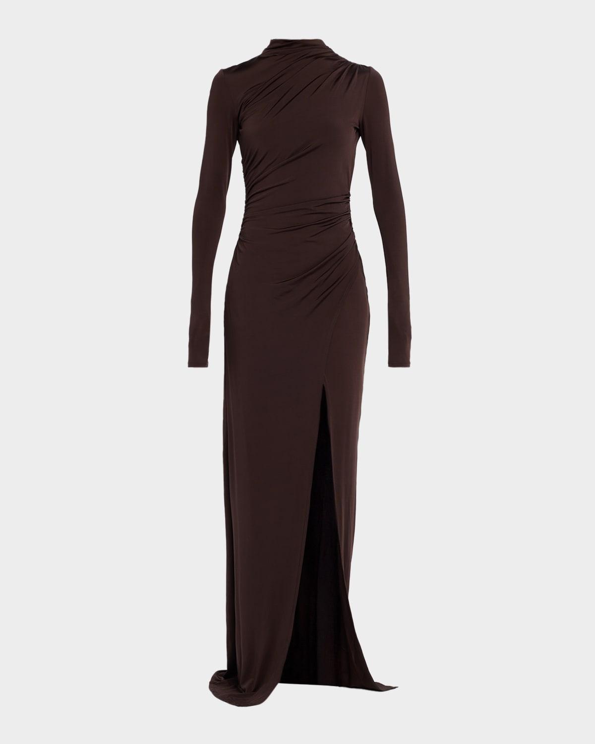 ruched mock-neck jersey column gown