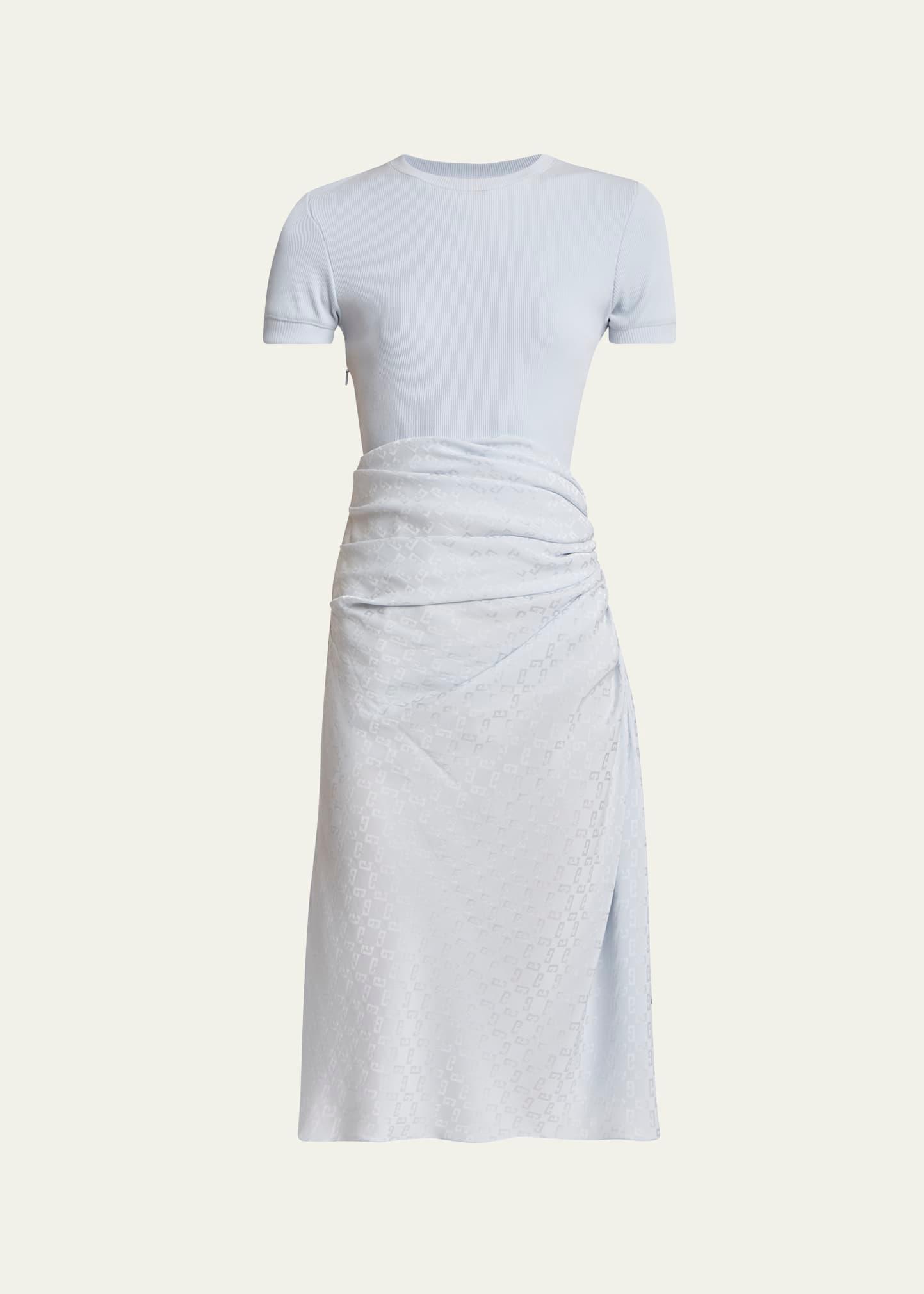 ruched monogram draped silk midi dress