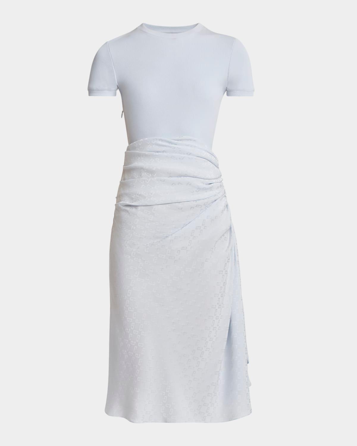 ruched monogram draped silk midi dress