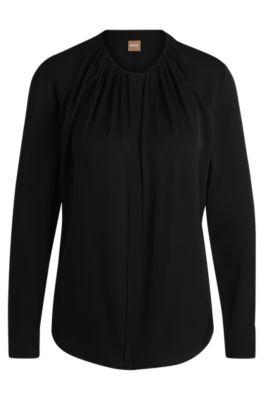 ruched-neck blouse in stretch-silk crepe de chine- black women's business blouses