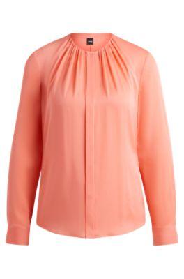 ruched-neck blouse in stretch-silk crepe de chine- light purple women's business blouses