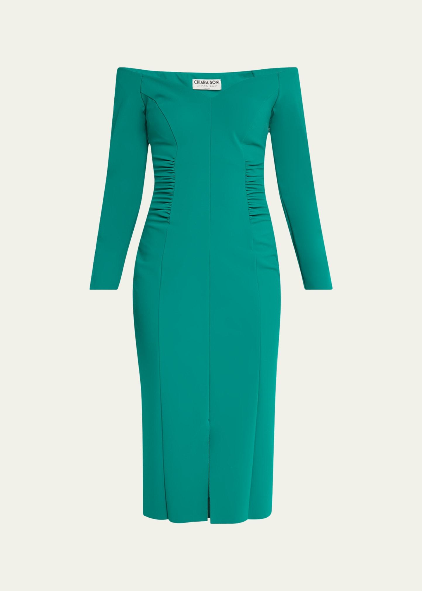 ruched off-shoulder bodycon midi dress