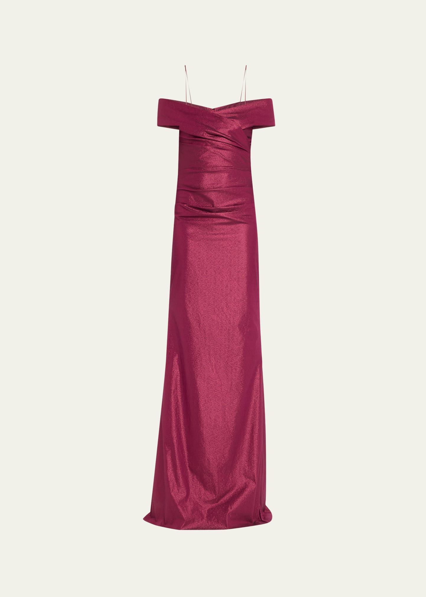 ruched off-shoulder shimmer taffeta gown
