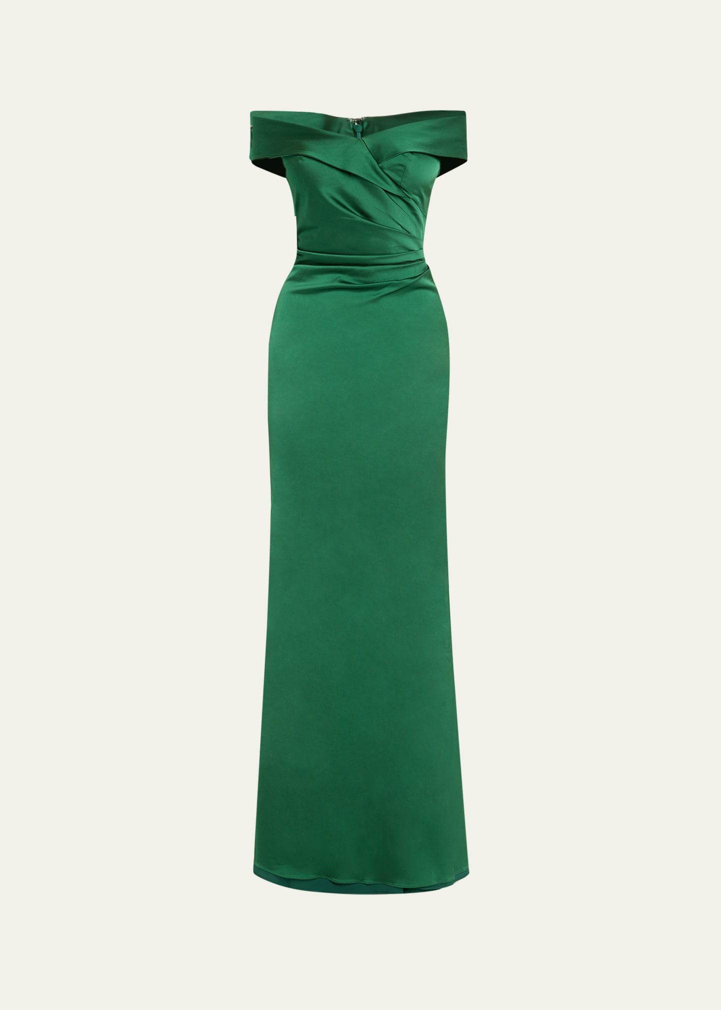 ruched off-shoulder stretch gown