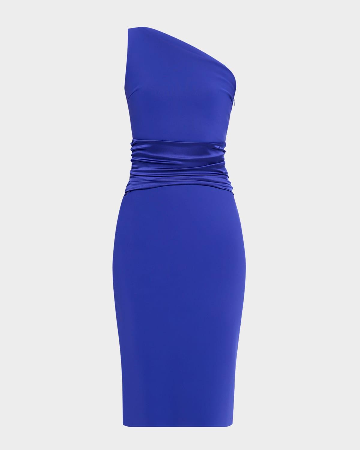 ruched one-shoulder bodycon satin dress
