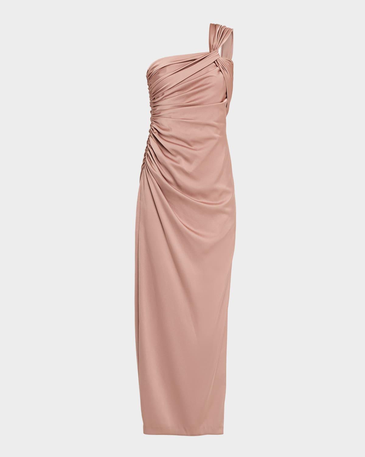 ruched one-shoulder column gown