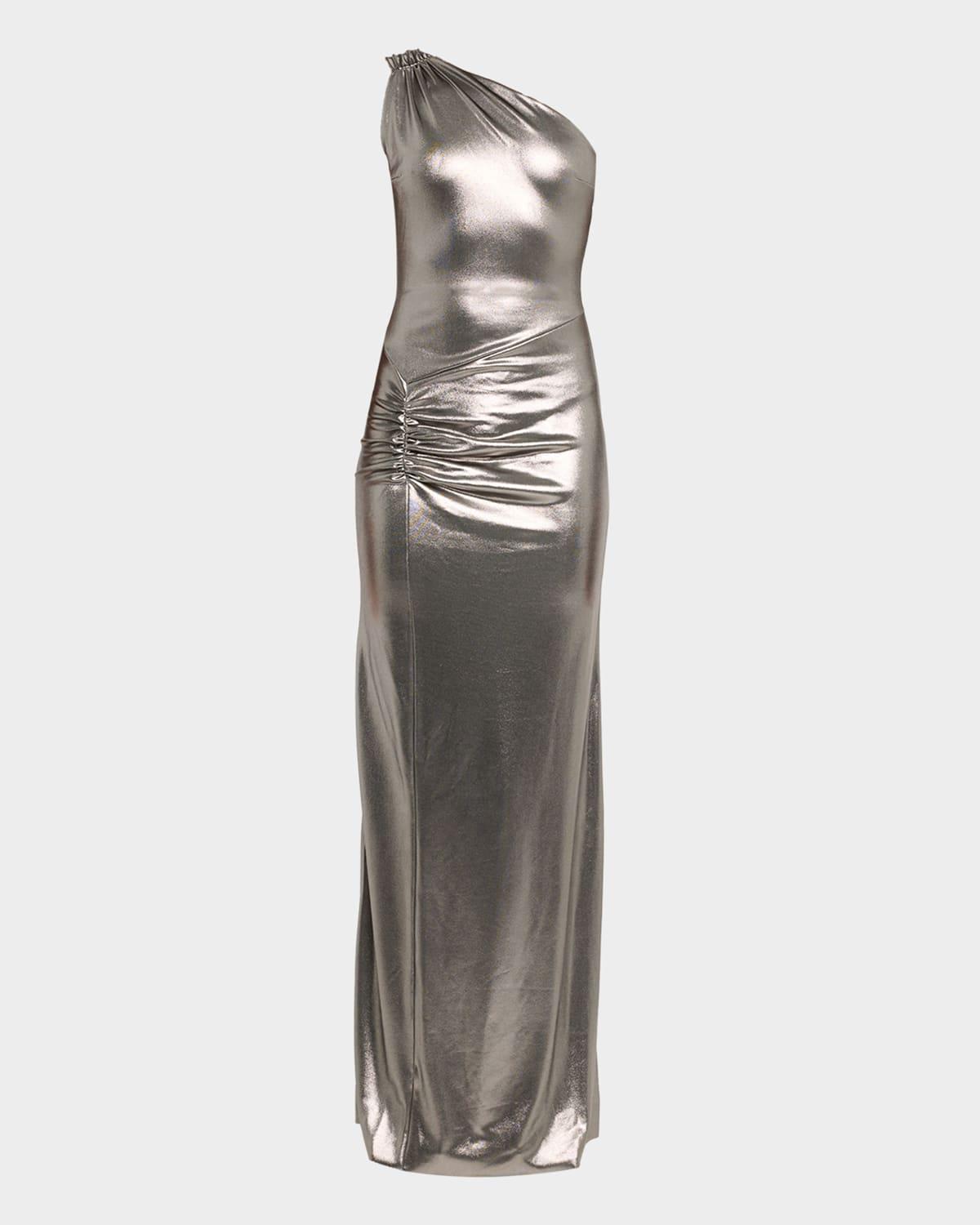 ruched one-shoulder metallic jersey gown