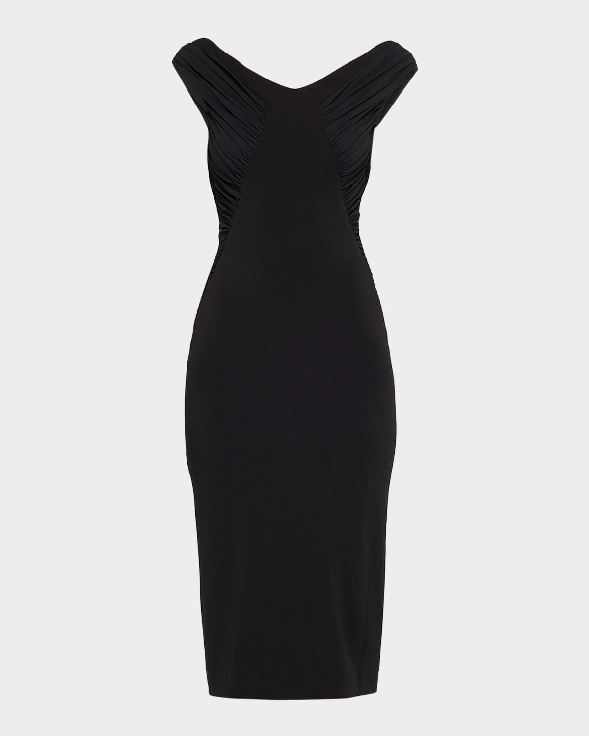 ruched organzino crepe midi sheath dress