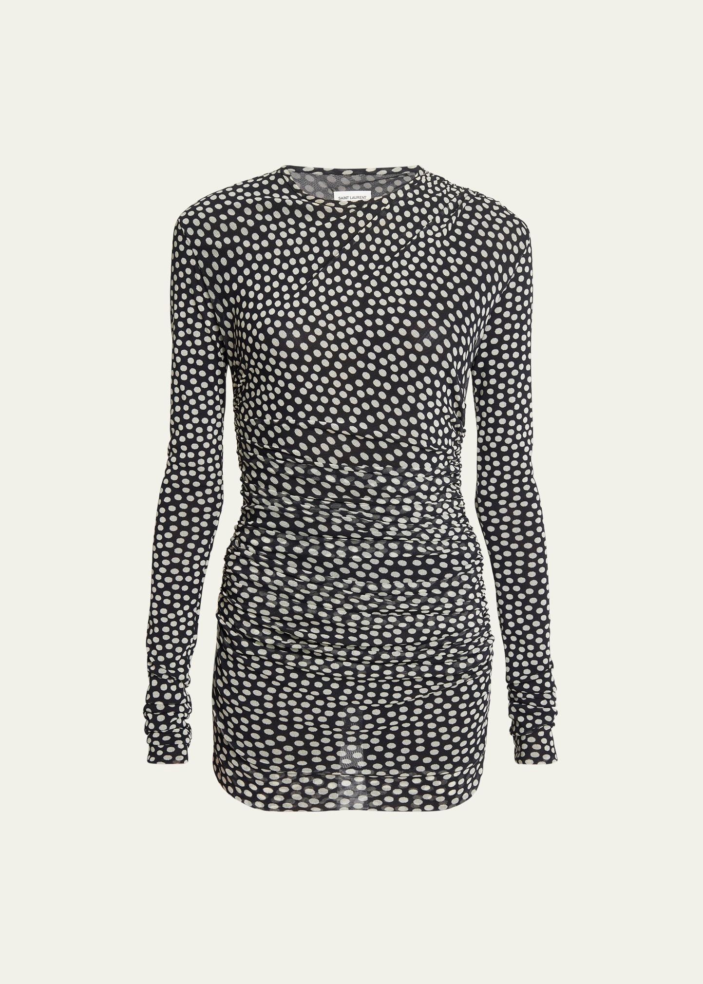 ruched polka dot mini dress