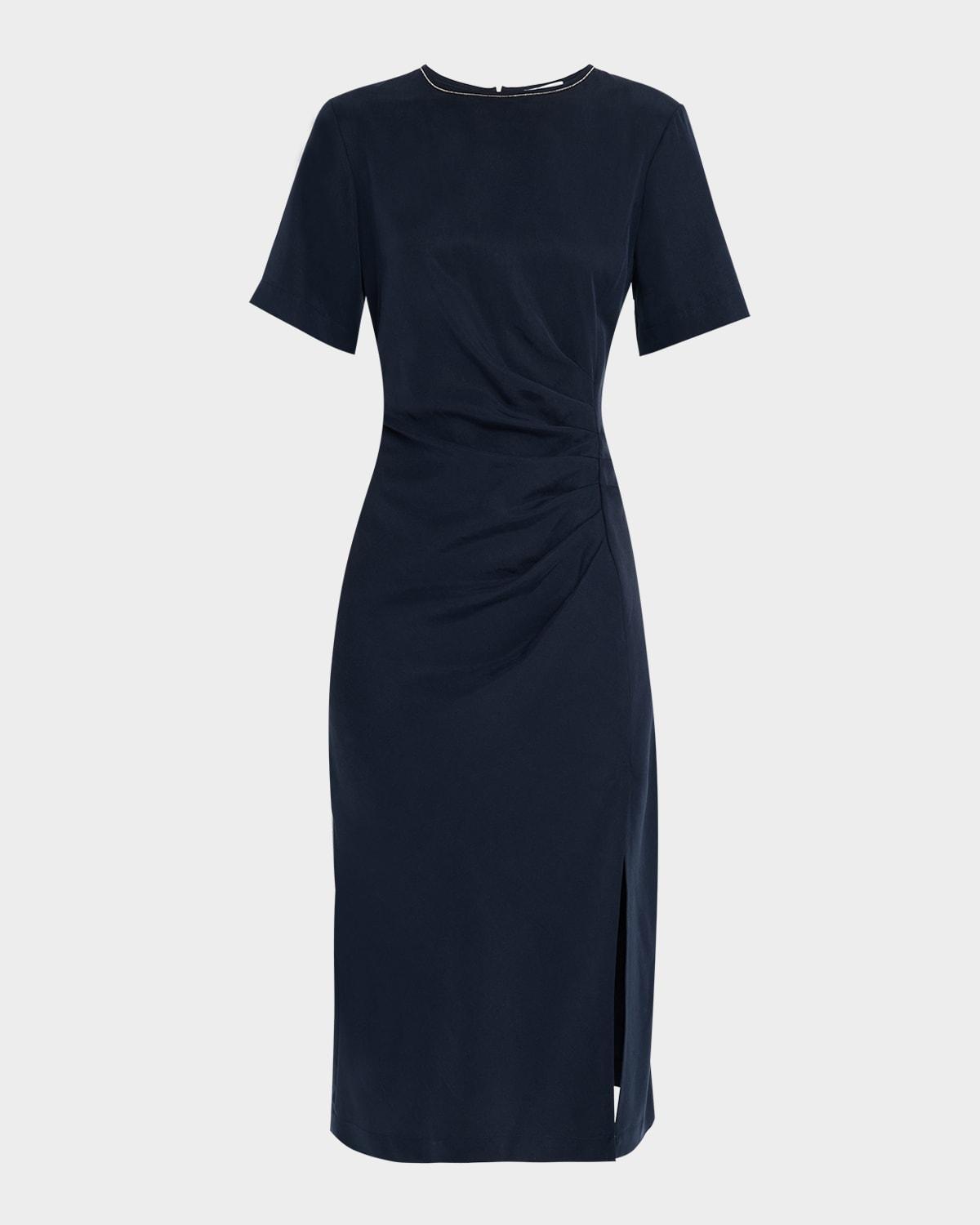 ruched punto luce viscose midi dress