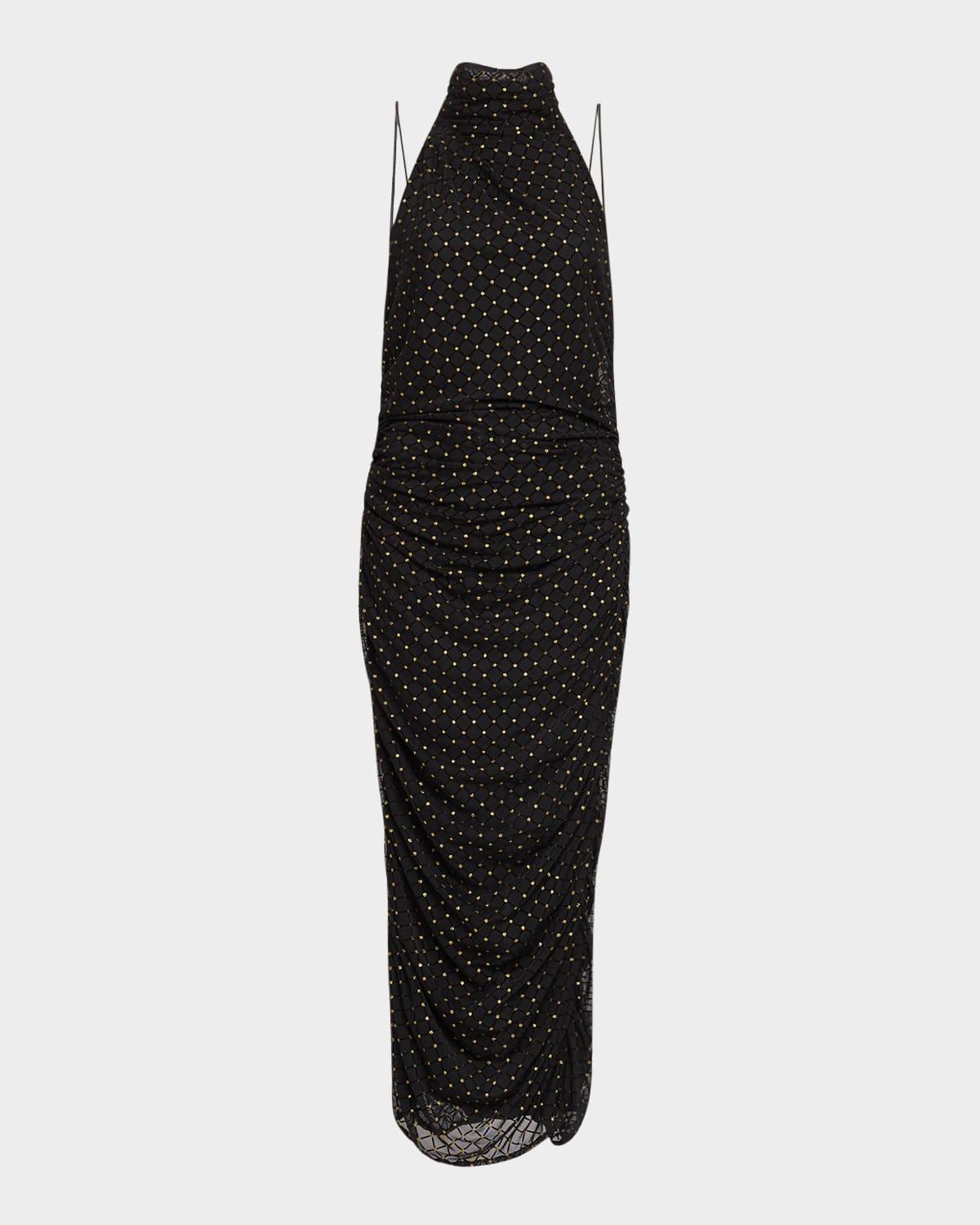 ruched shimmer dot halter midi dress