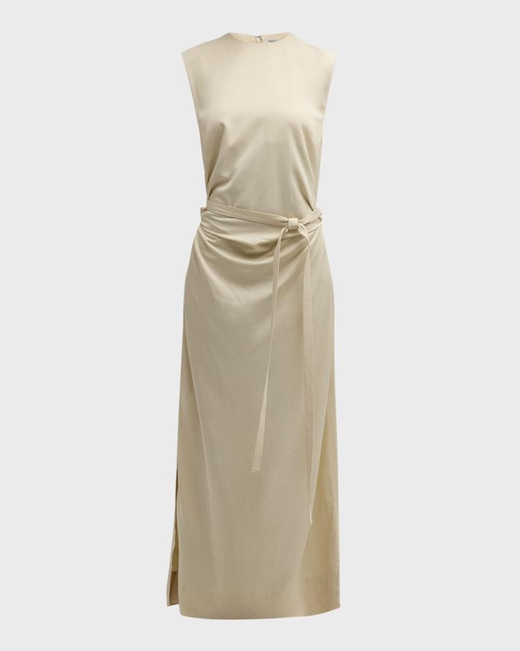 ruched sleeveless tie-waist fluid maxi dress