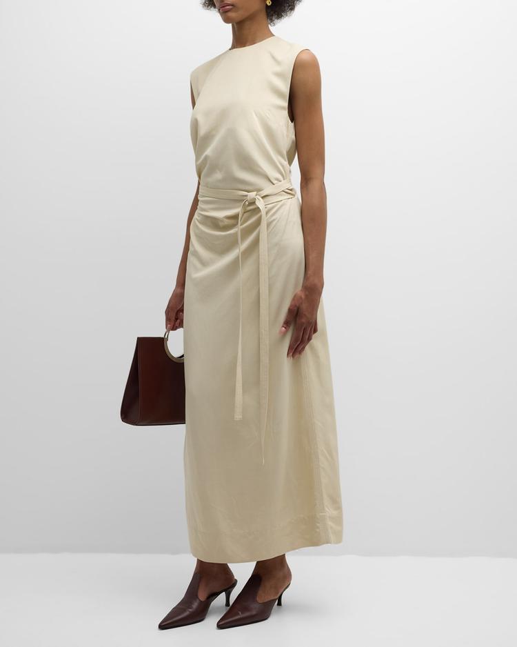 ruched sleeveless tie-waist fluid maxi dress