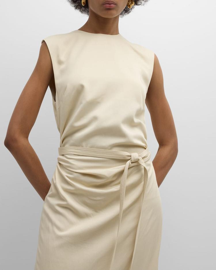 ruched sleeveless tie-waist fluid maxi dress