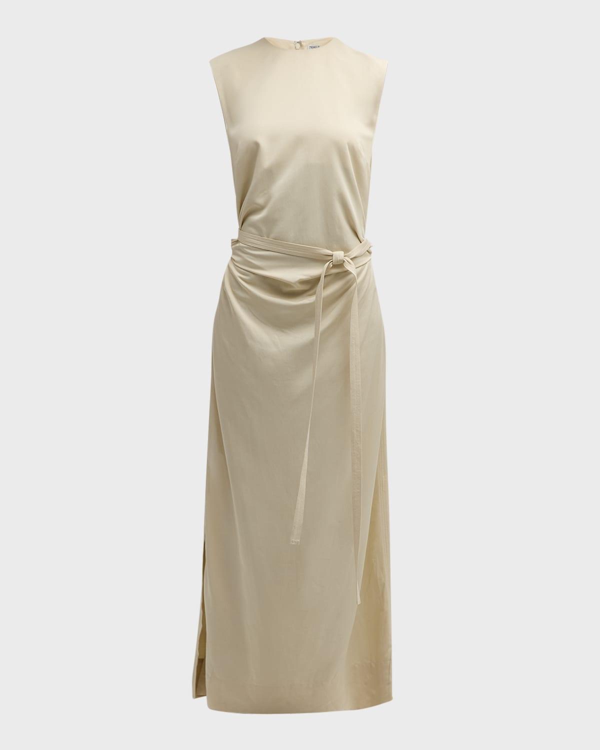 ruched sleeveless tie-waist fluid maxi dress