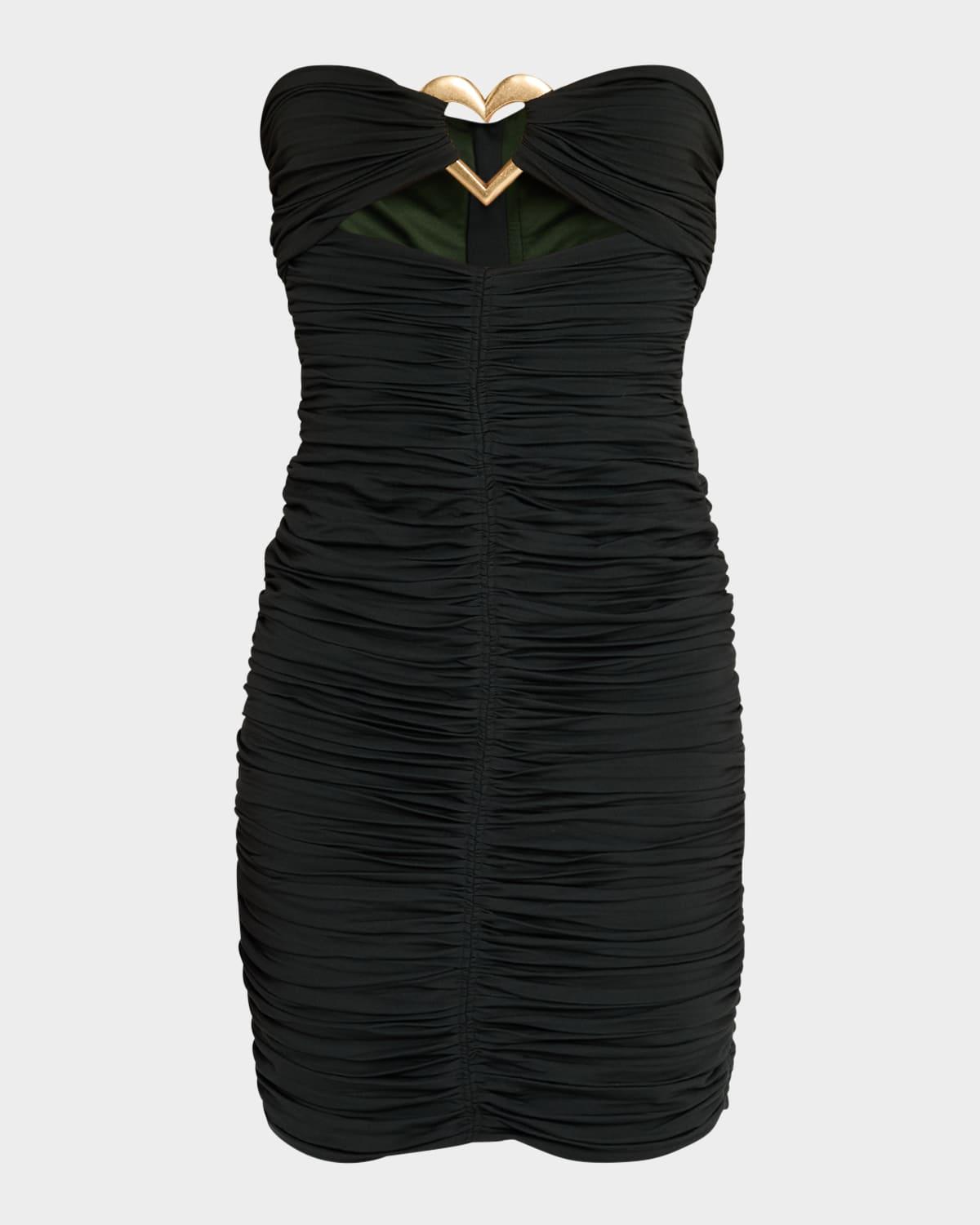 ruched strapless mini dress with heart detail