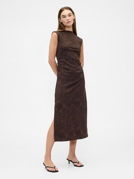 ruched velvet mockneck midi dress
