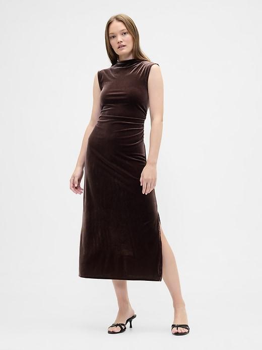 ruched velvet mockneck midi dress