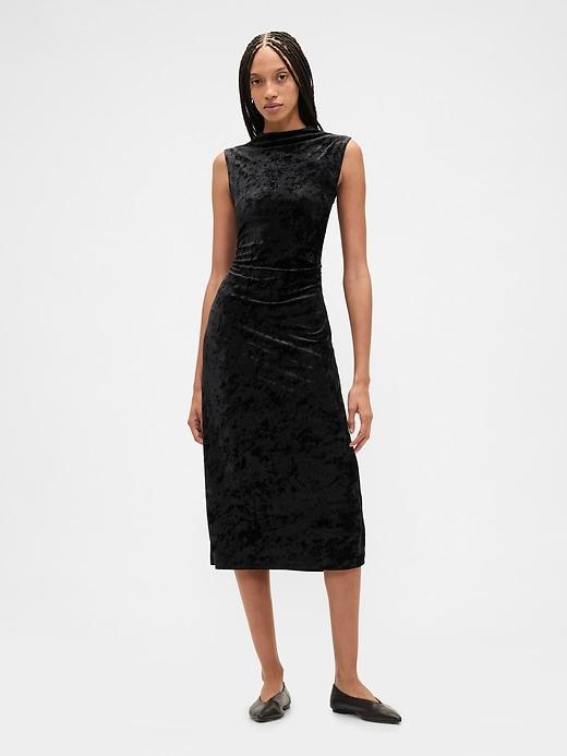 ruched velvet mockneck midi dress