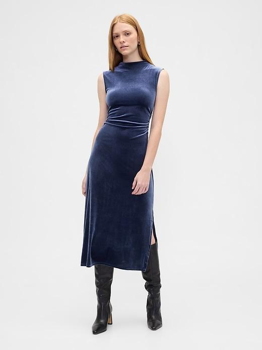 ruched velvet mockneck midi dress