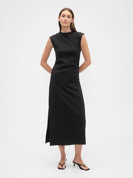 ruched velvet mockneck midi dress