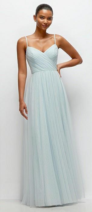 ruched wrap bodice tulle maxi dress with full skirt