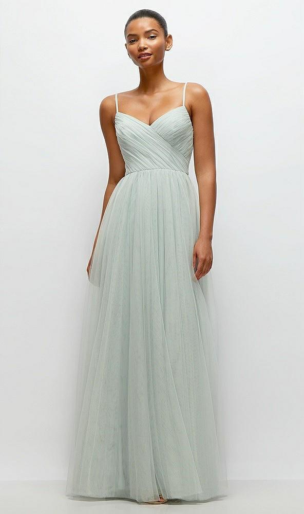 ruched wrap bodice tulle maxi dress with full skirt