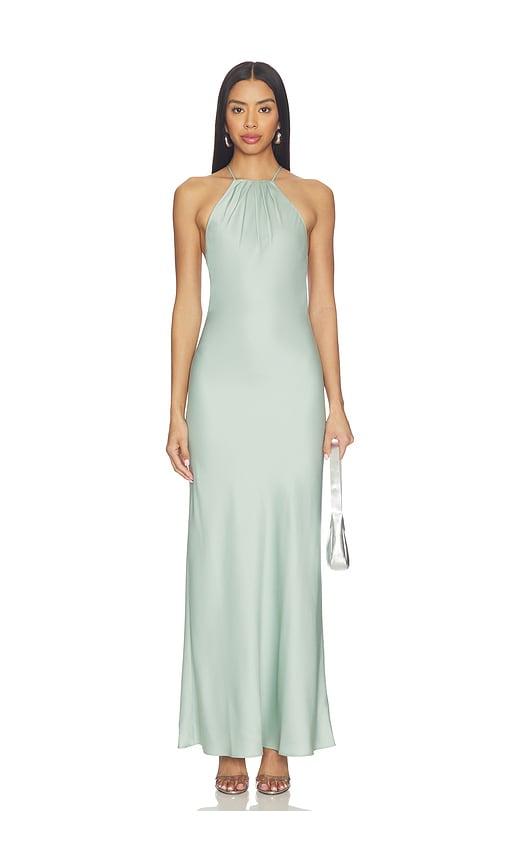rue sophie faye satin dress in sage.