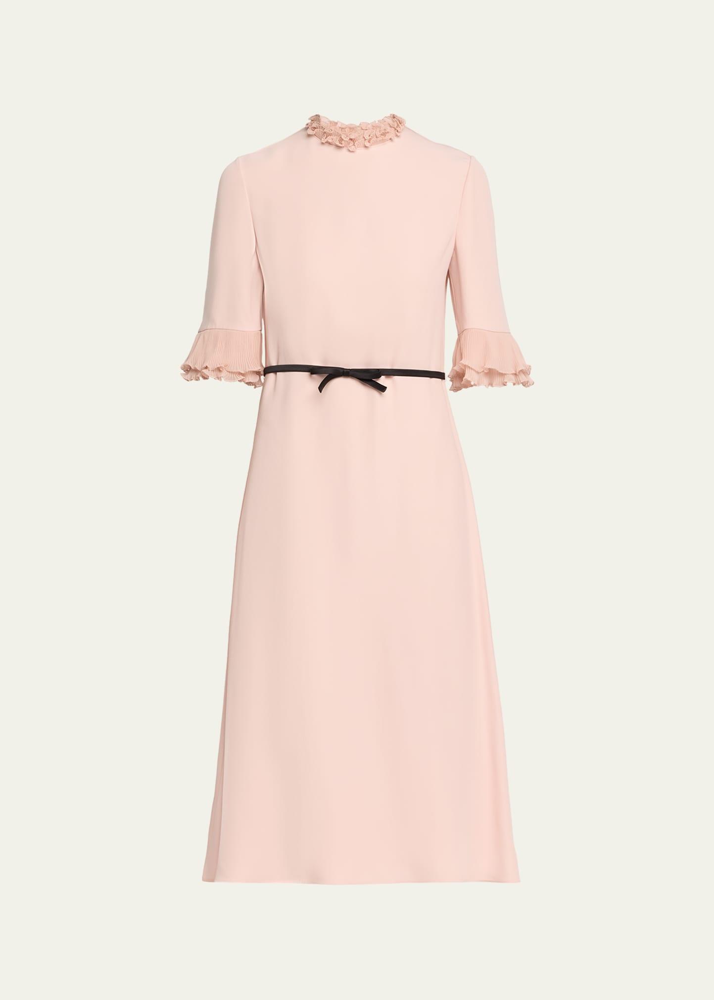 ruffle 3/4-sleeve bow midi dress