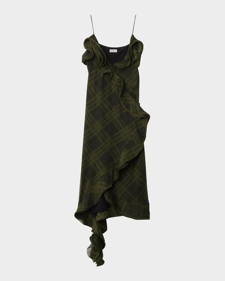 ruffle check wrap midi dress