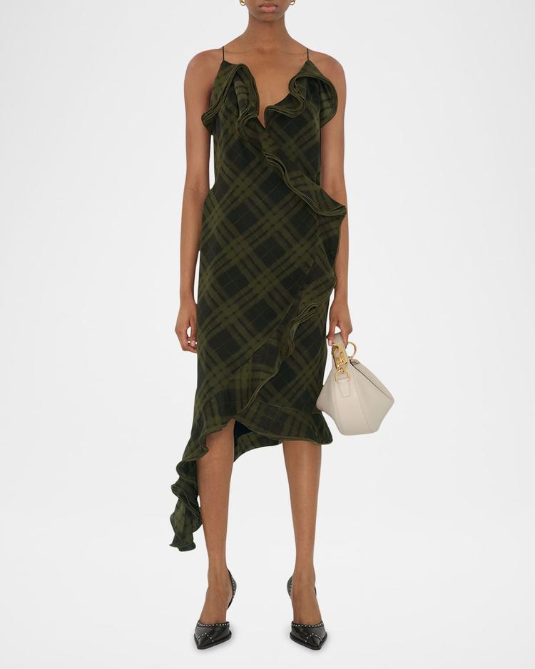ruffle check wrap midi dress