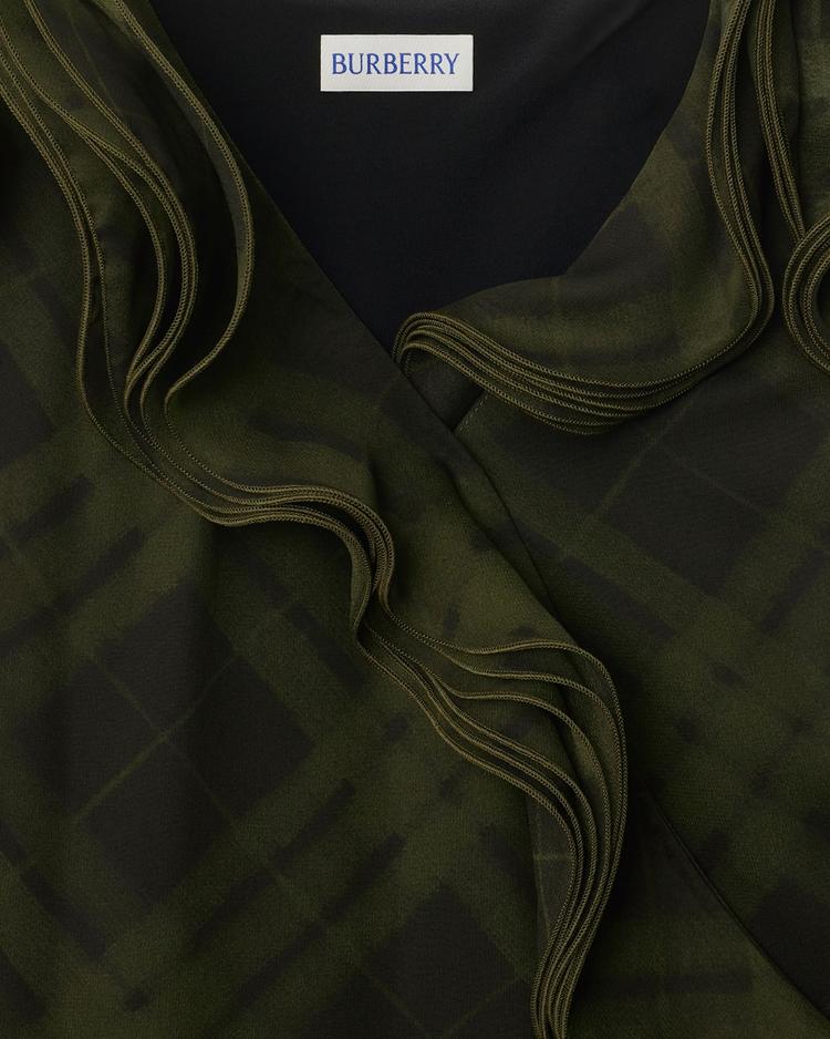 ruffle check wrap midi dress