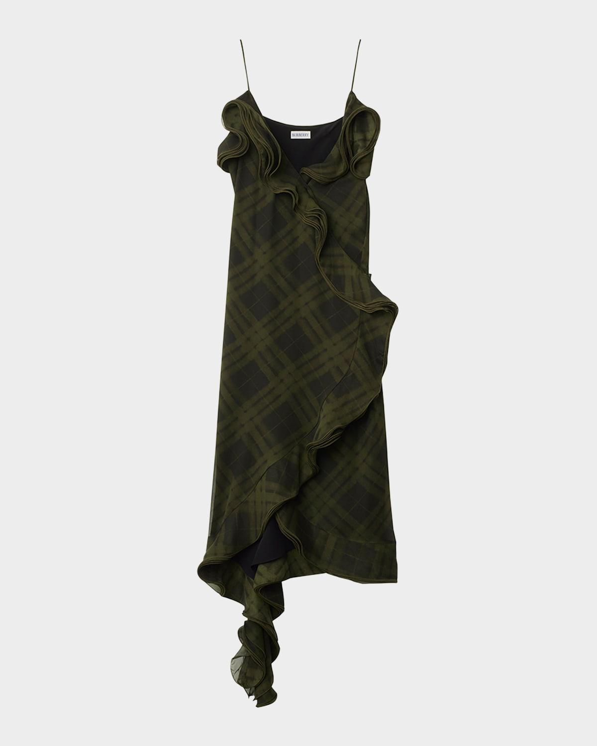 ruffle check wrap midi dress