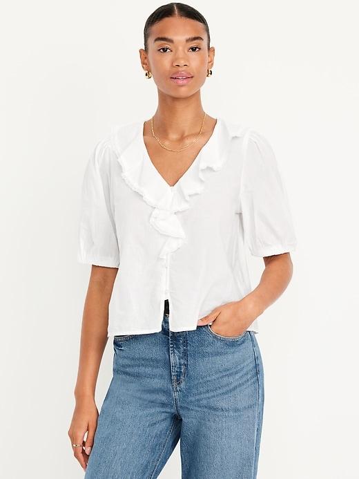 ruffle collar button-down top