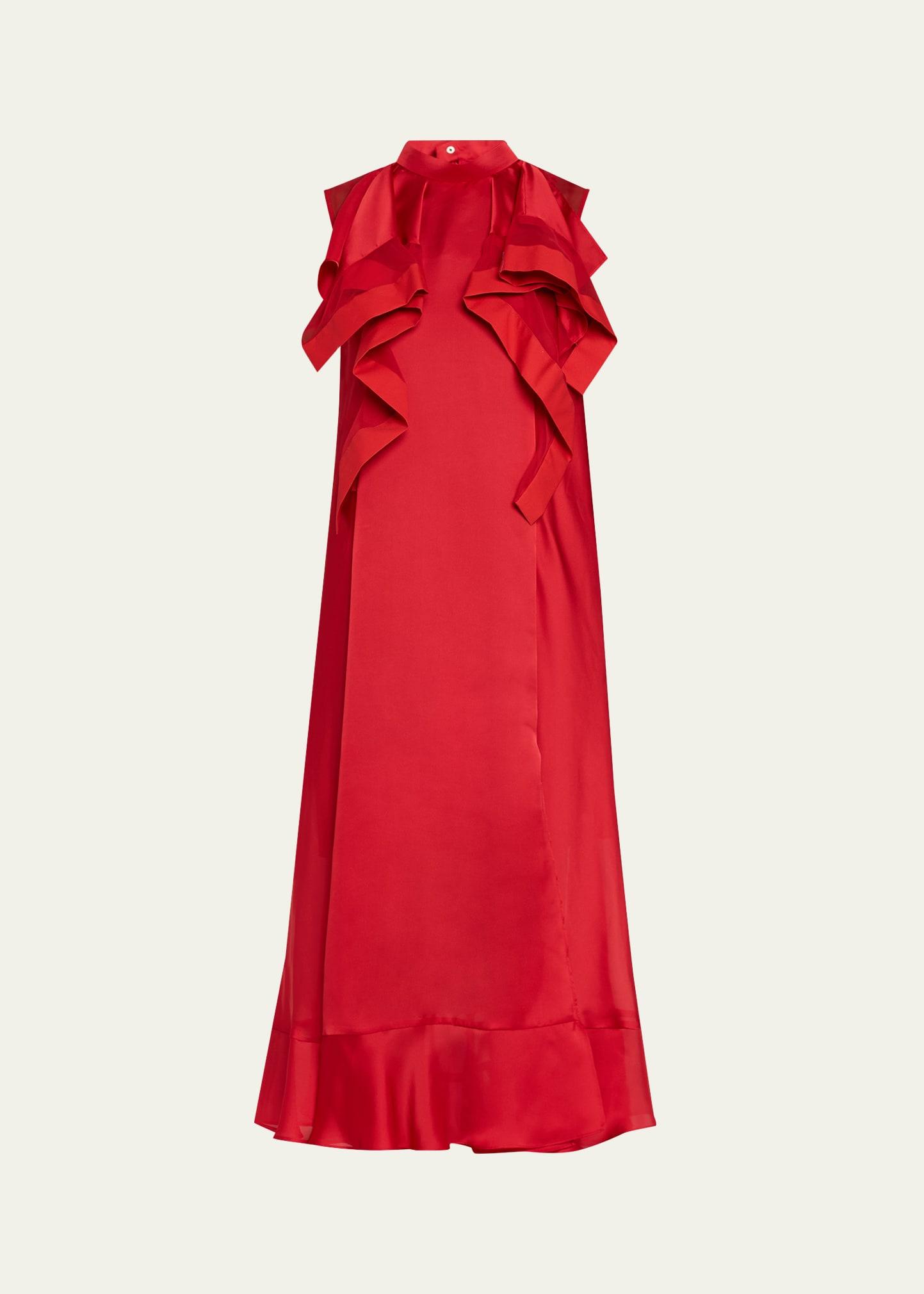 ruffle front satin maxi dress