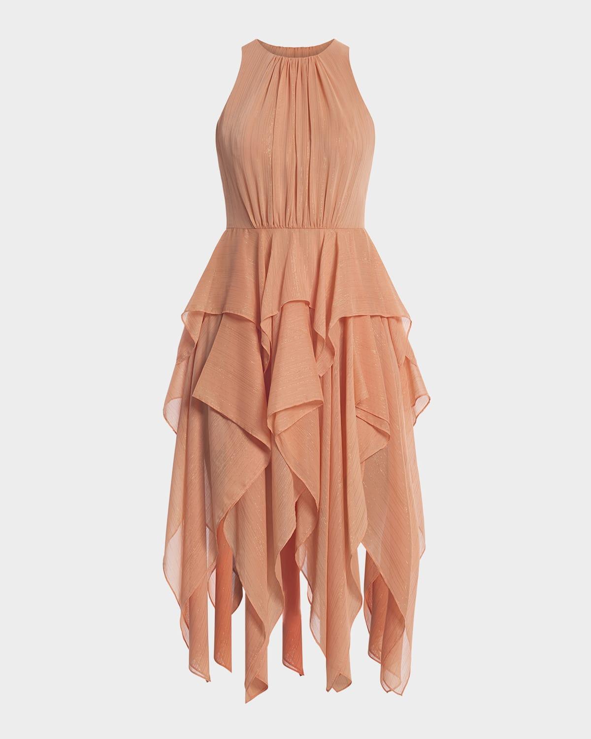 ruffle metallic shimmer midi dress