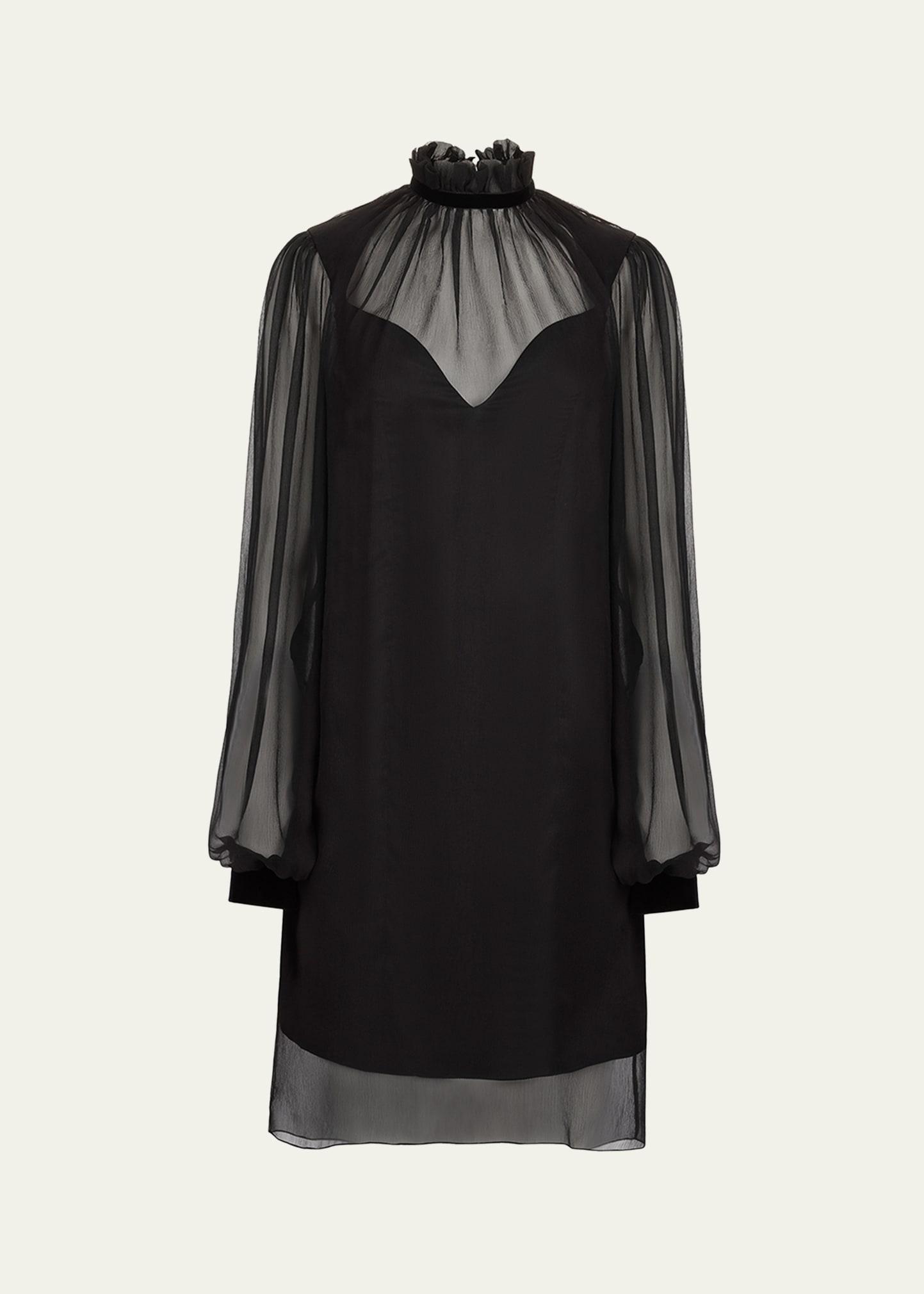 ruffle-neck sheer silk mini dress