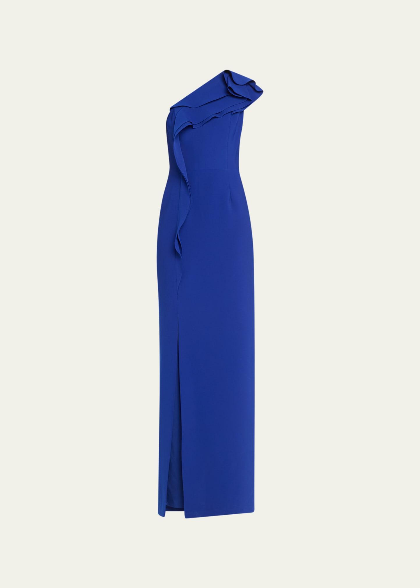 ruffle one-shoulder crepe column gown