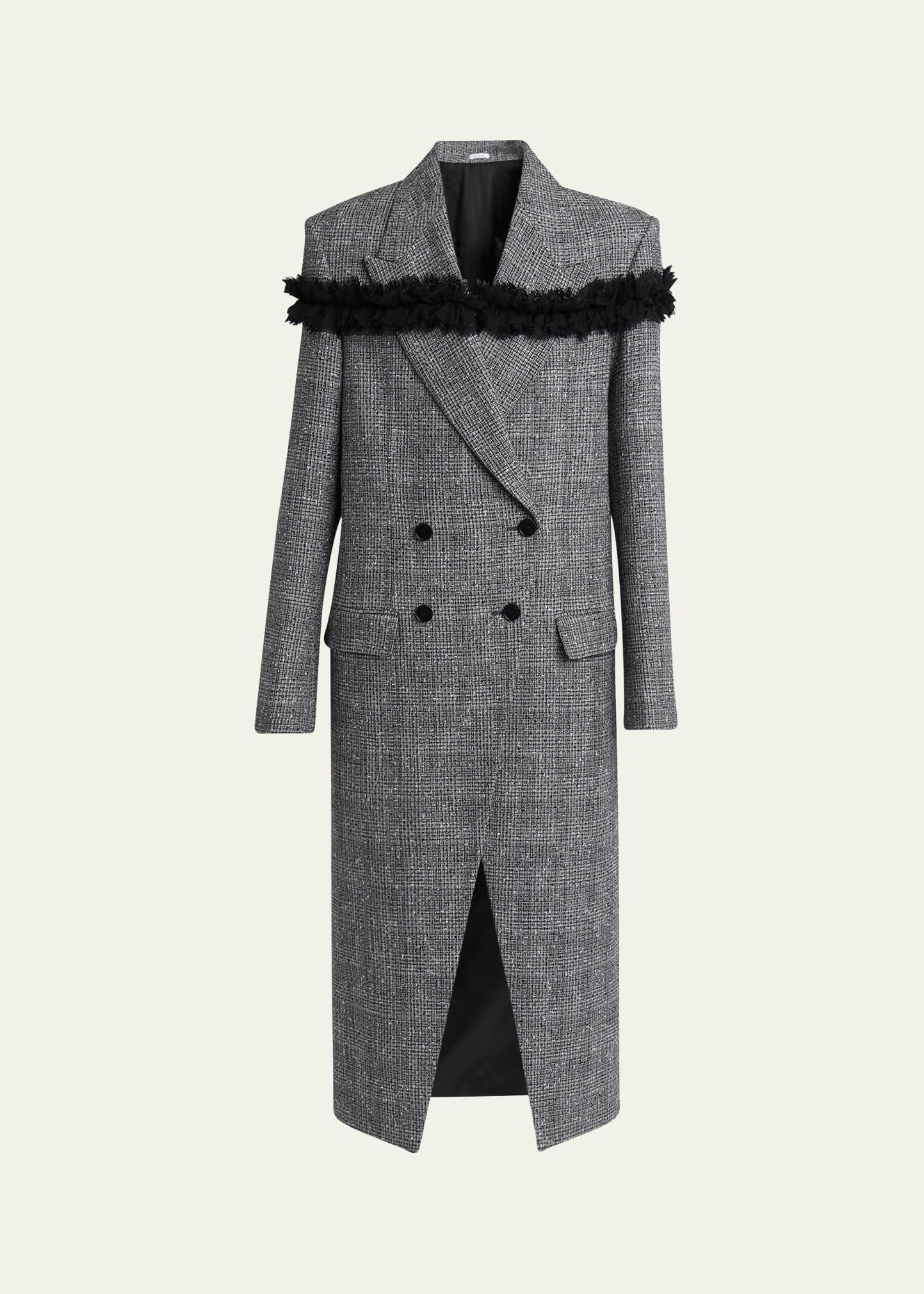 ruffle paillette check tweed double-breasted long coat