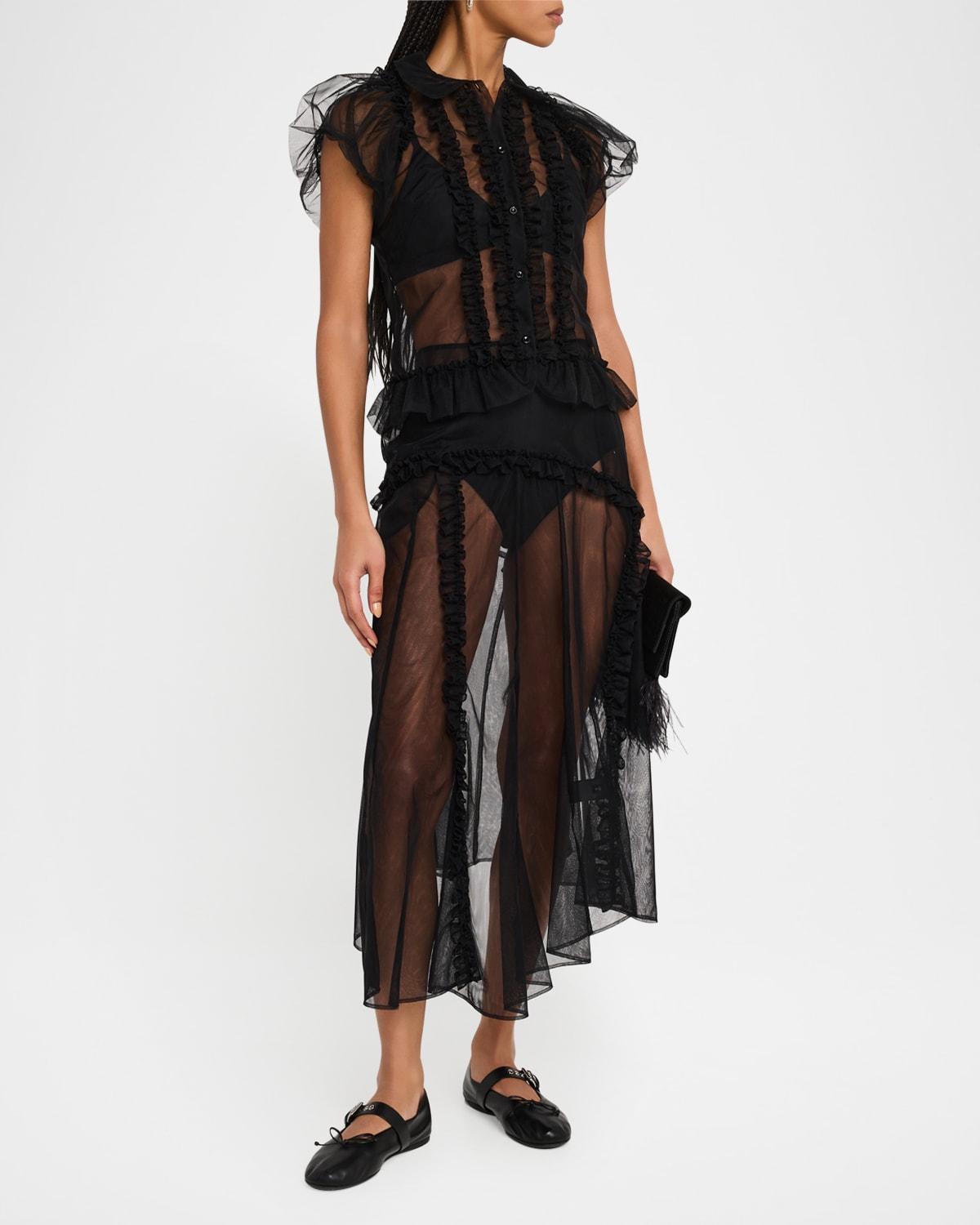 ruffle paneled sheer midi skirt