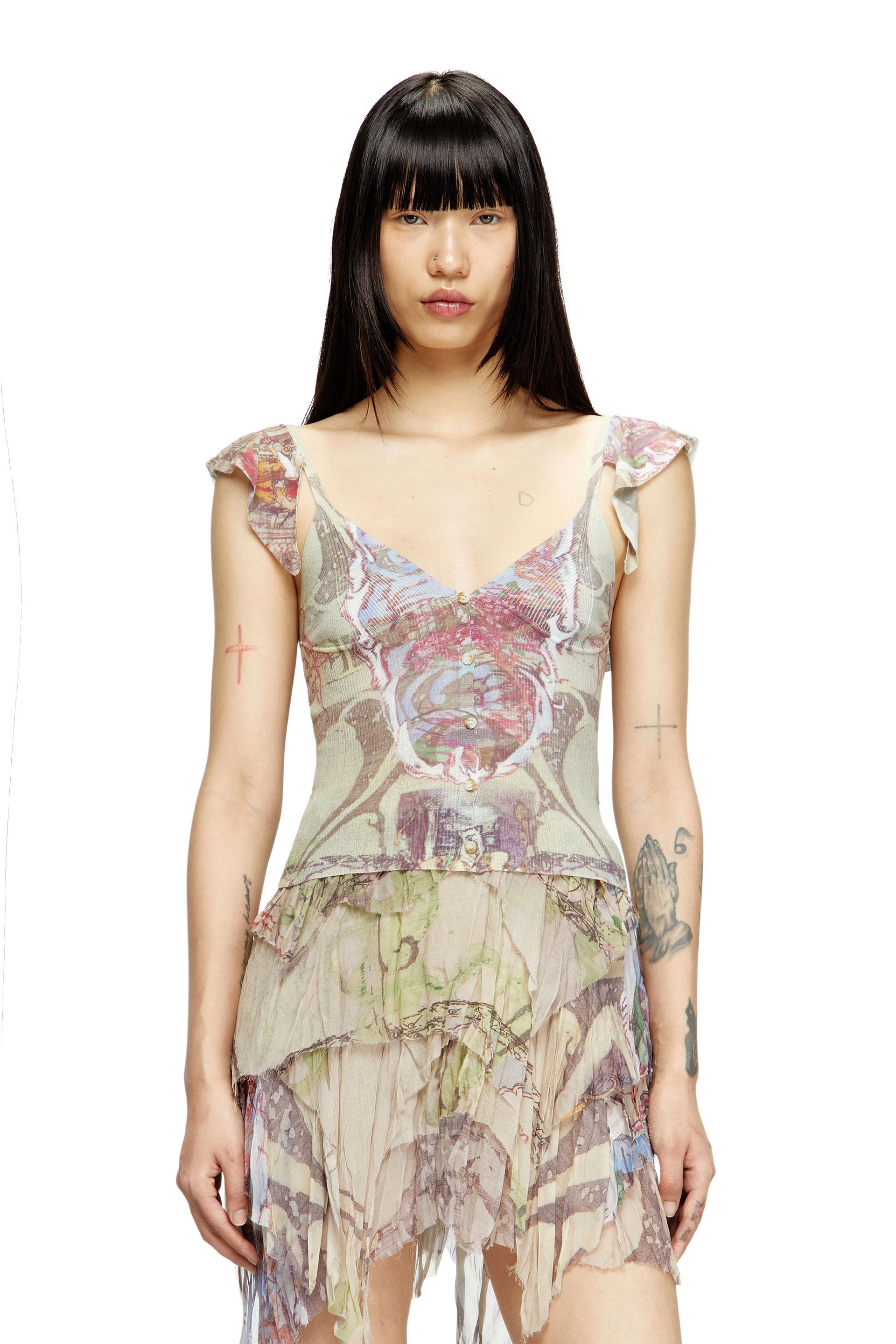 ruffle-shoulder knit top with medieval print