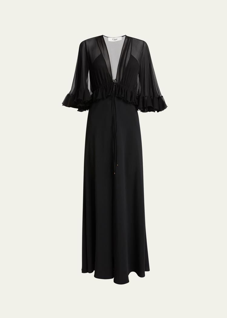 ruffle shrug silk maxi dress